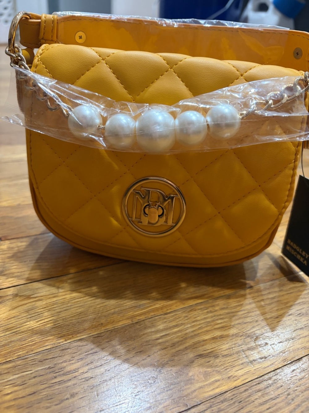 Badgley Mischka Quilted Yellow Shoulder Bag with Pearl Accent